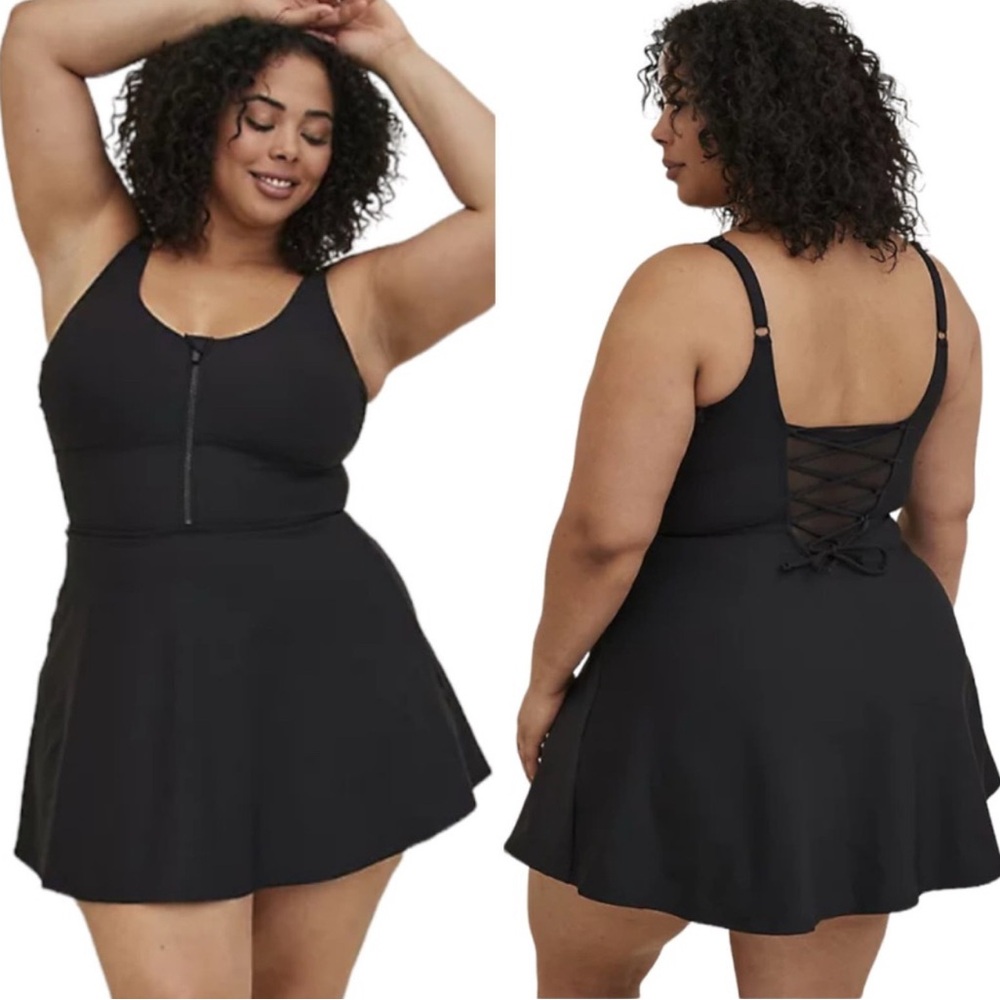 Torrid NWT Corset Shape Lace Up Mid Length Swim Dress Black size0/12 Compression